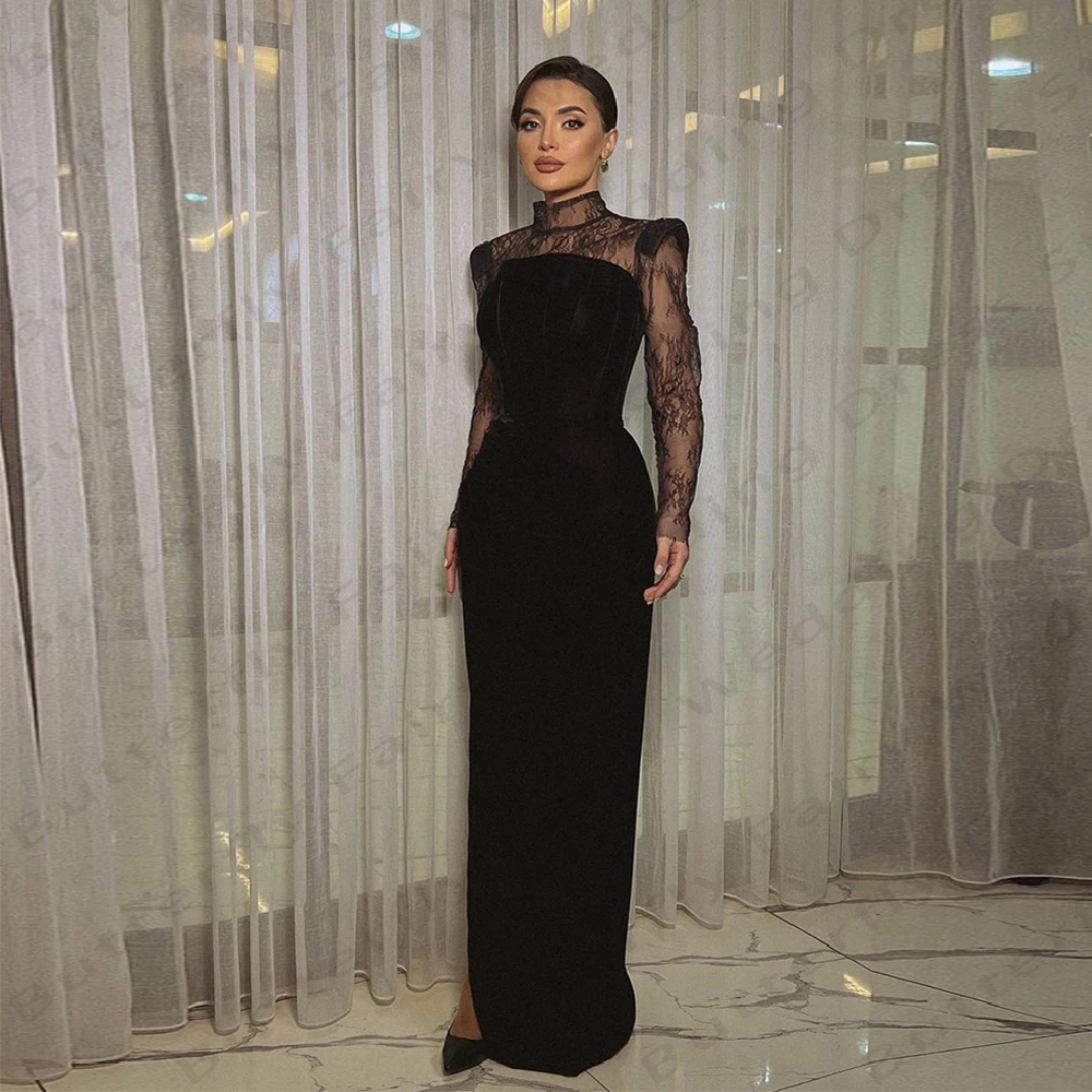 Black Velvet Women's Evening Dresses High Collar Long Sleeve Lace Stickers Princess Prom Gowns Formal Beach Fashion Celebrity