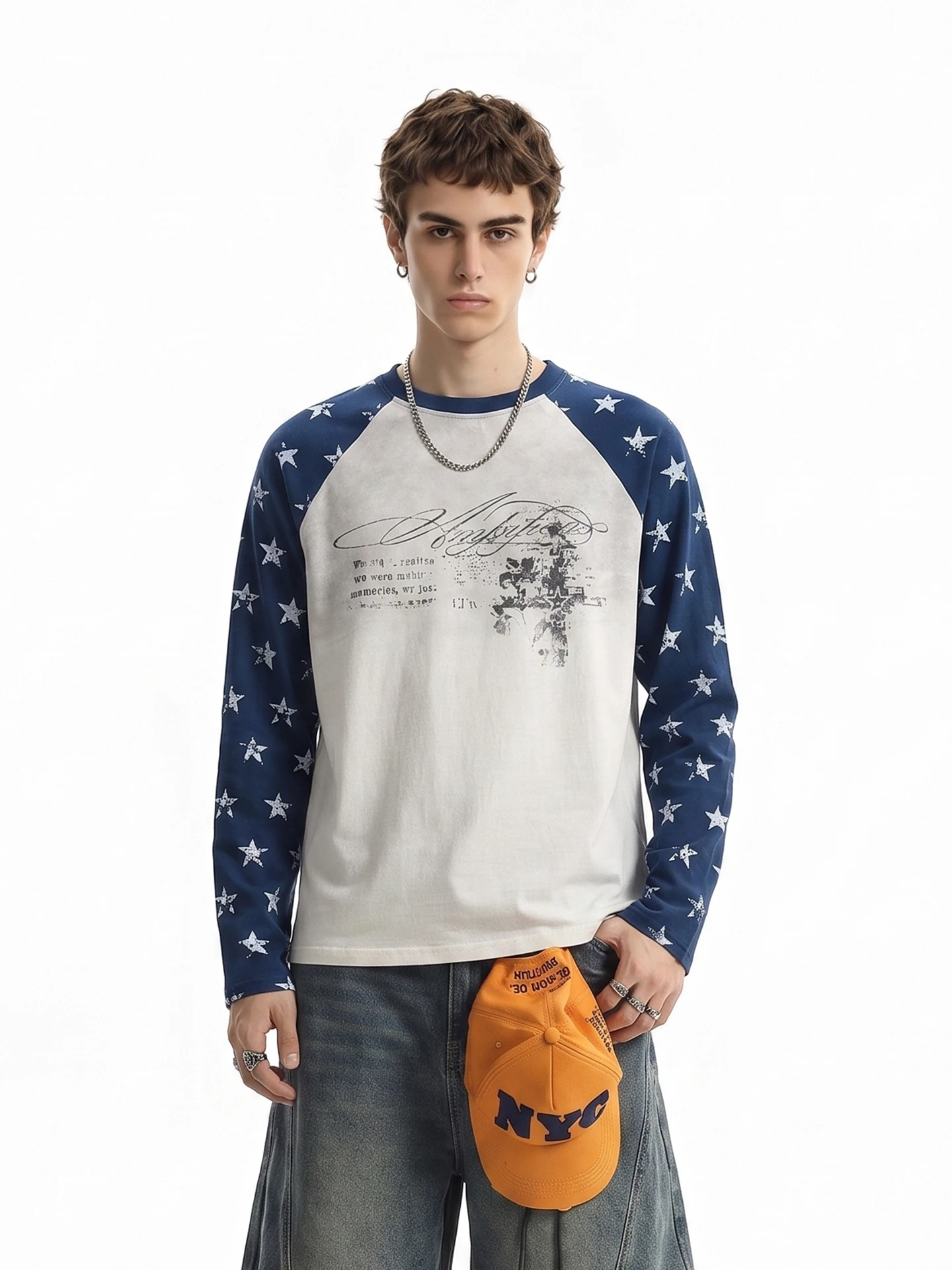 Retro American Star Print Long Sleeve T-Shirt Men's Autumn New Loose Color Block Vintage Style Casual Top Quality Material