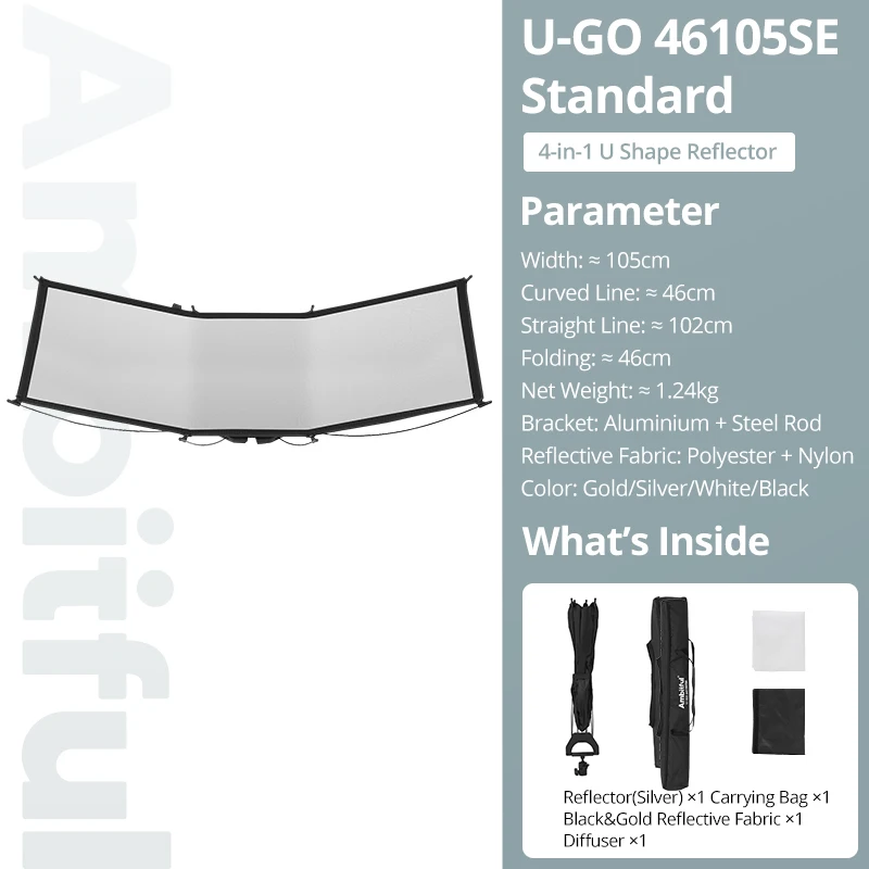 Ambitful 4-in-1 U-vormige reflector UGO 46105SE 60150SE, goud, zilver, zwart, wit, diffusers, met één druk op de knop te openen en te sluiten, reflecterend scherm.