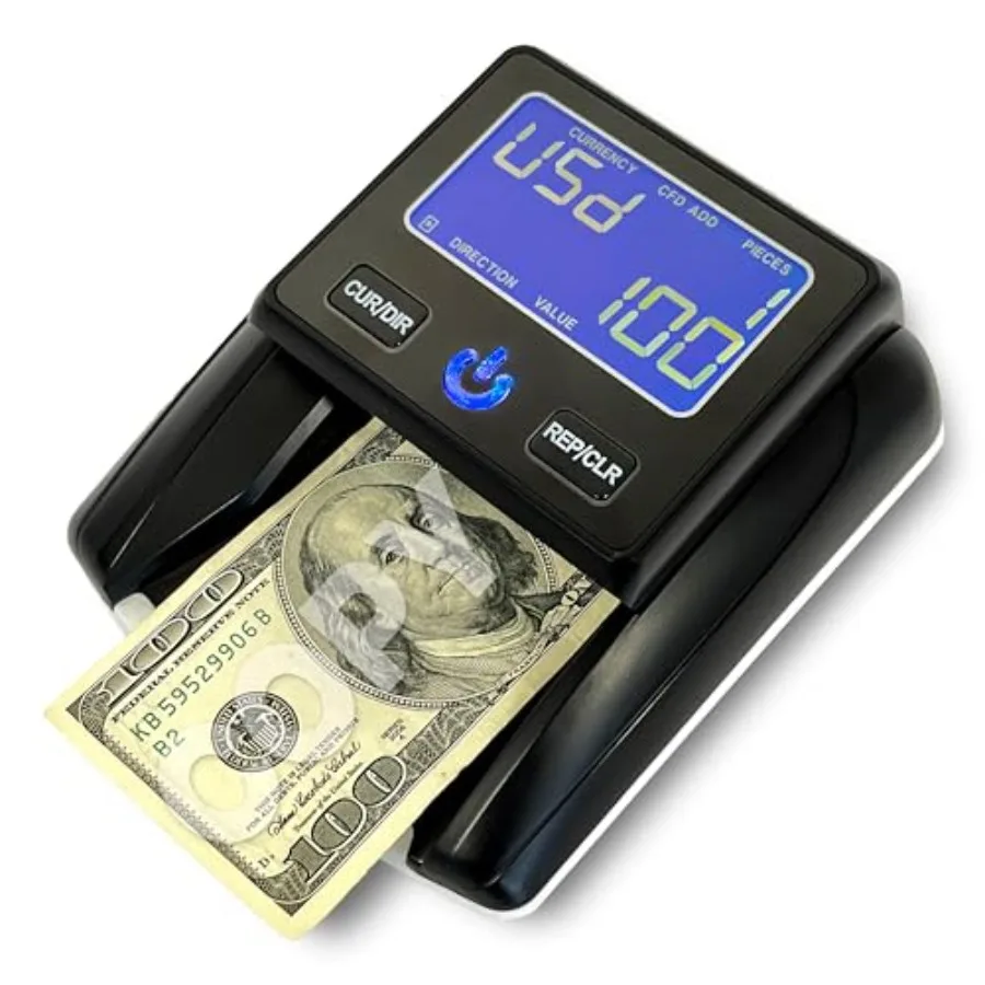 

US Dollar counterfeit bill detector for counter service, UV/MG/IR/paper/size verification, black plastic housing, compact deskt