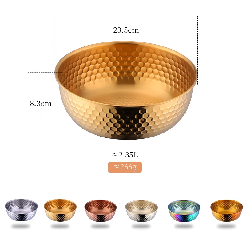 1Pc Golden Stainless Steel Fruit Salad Bowls Large Capacity Korean Style Food Container Soup Rice Noodle Kitchen Tableware