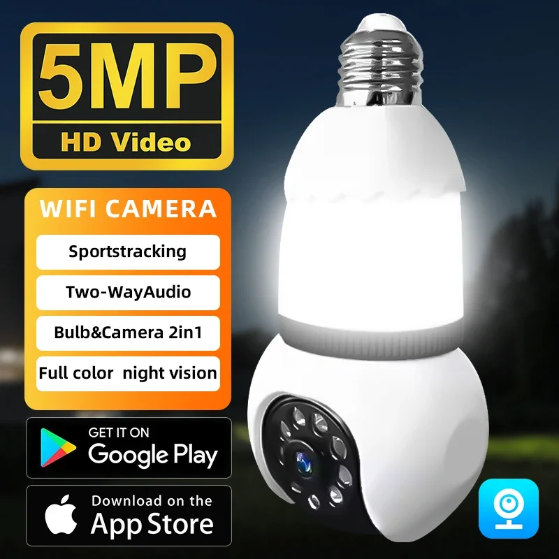 

5MP PTZ Bulb Camera Wifi Surveillance Cameras CCTV Security Protection Tracking Two-way Audio Night Vision 10X Zoom Baby Monitor