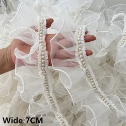 7CM Wide Tulle White Ruffle Organza Beaded Fringe Ribbon Lace Fabric Edge Trim Wedding Dress Apparel Curtains DIY Sewing Decor