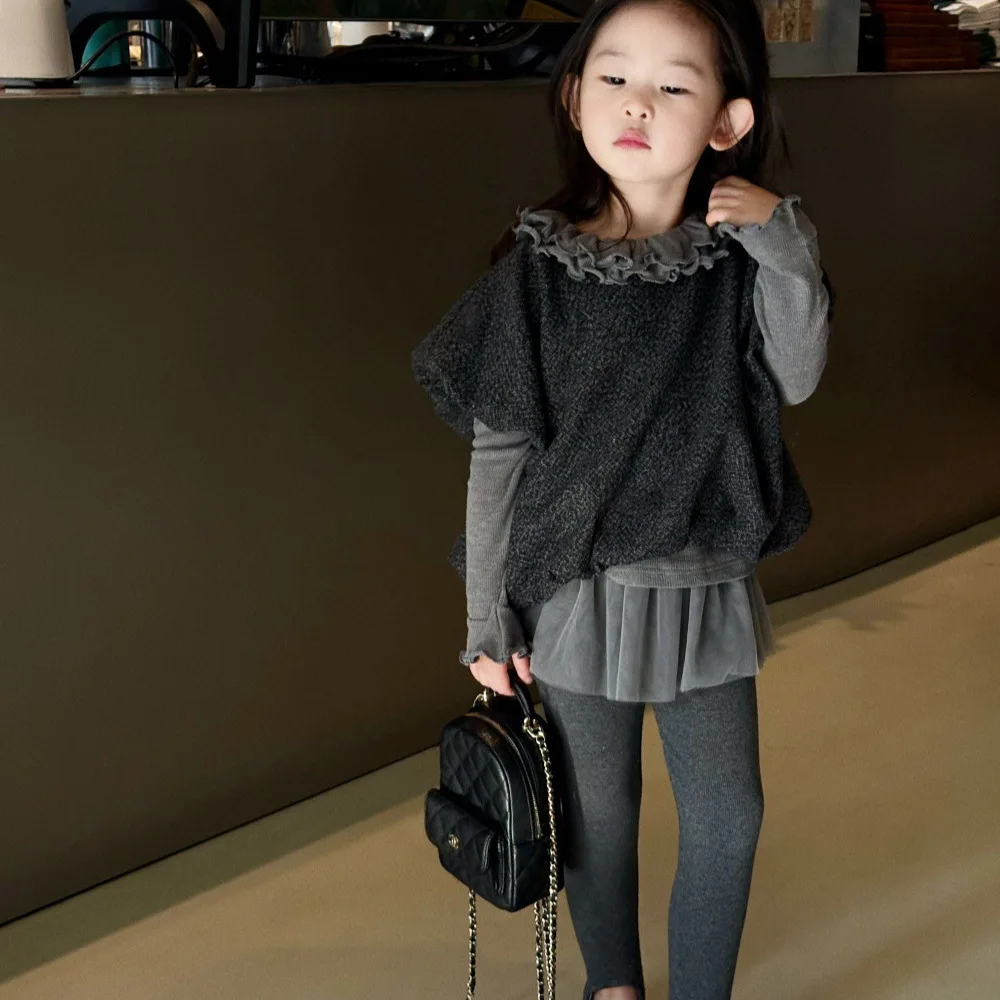 Girls Set 2025 Autumn New Korean Version Solid Color Vest Lace Bottom Shirt Leggings Comfortable Casual Daily Temperament