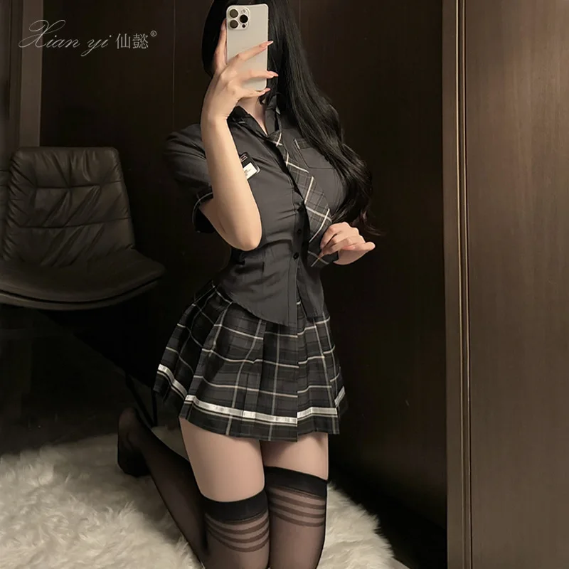 Womens School Girls Uniform Short Sleeve Shirt with Plaid Pleated Skirt and Tie Cosplay Outfits  Anime Lingerie Japanese Korean