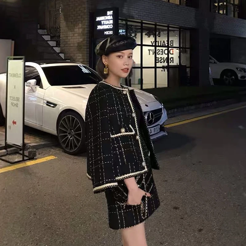 Women Fried Street Tweed Suit 2023 New Spring Autumn Wool Jacket + Skirt Female Fashion Loose Tweed Skirts Two-Piece Set