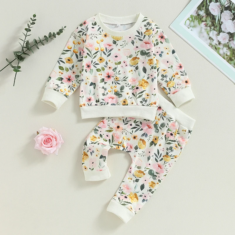 

Suefunskry Baby Girl Fall Outfit Flower Print Crew Neck Long Sleeve Sweatshirt Elastic Waist Long Pants 2Pcs Clothes Set 6M-3Y