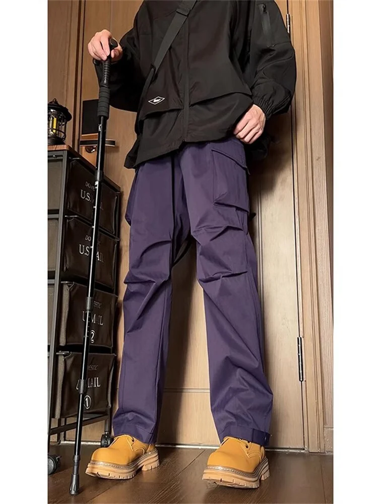 

Purple Workwear Trousers Men's American High Street Paratrooper Wide Leg Trendy Haome Large Size Straight Leg Pants