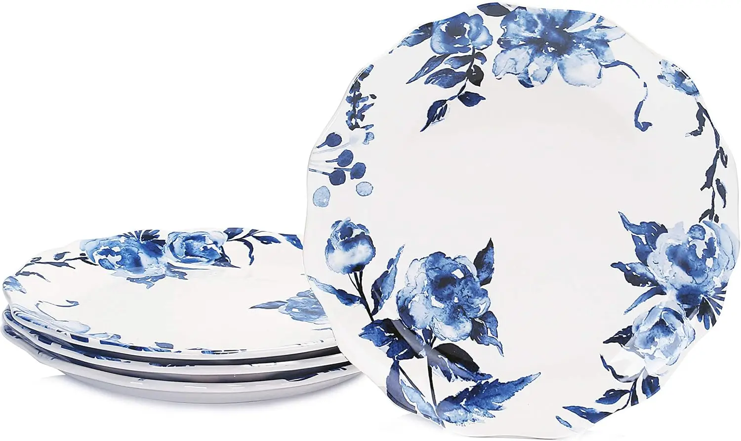 

Watercolor Blue Flower Scalloped Dinner Plates, Ceramic, 11 inch, Set of 4, for Pasta, Salad, Maincourse, Microwave & Dishwasher