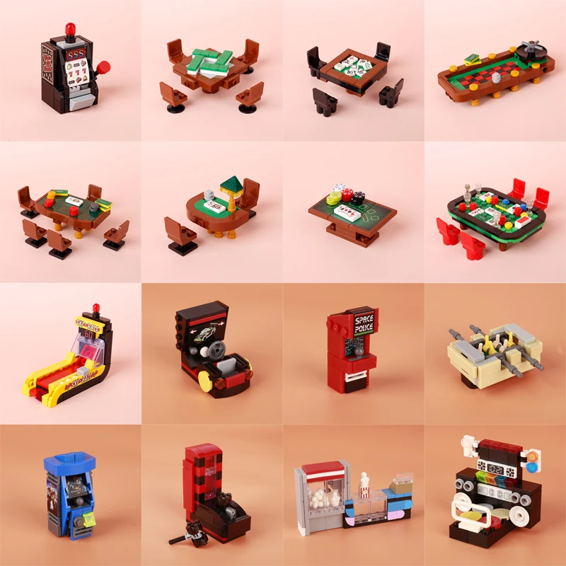 MOC City Game Station Building Blocks Slot Machine Chess Card Table Mahjong Table Mini Bricks Model Miniature Dollhouse Kids Toy