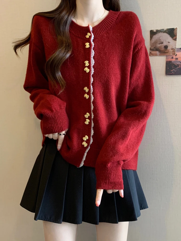 

Red Lace Knitted Sweater Women's Autumn Winter plus Size Faionable Embellied Button up Cardigan High Quali Color