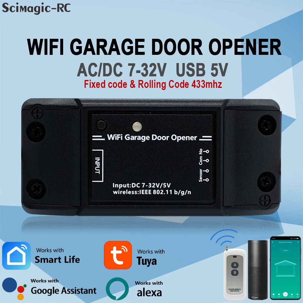 433MHz Rolling / Fixed Code RF Remote for Tuya WiFi Smart Garage Receiver USB 5V AC DC 7-32V 85-250V With Door Sensor Alexa