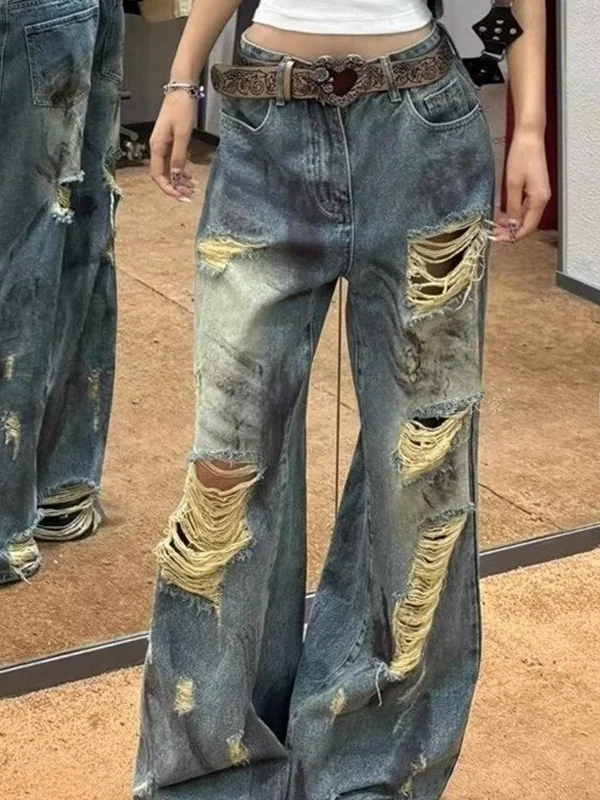 

Широкие джинсы с высокой талией, женские весенне-осенние свободные джинсы с дырочками, большие размеры, утягивающие джинсы длиной до пола