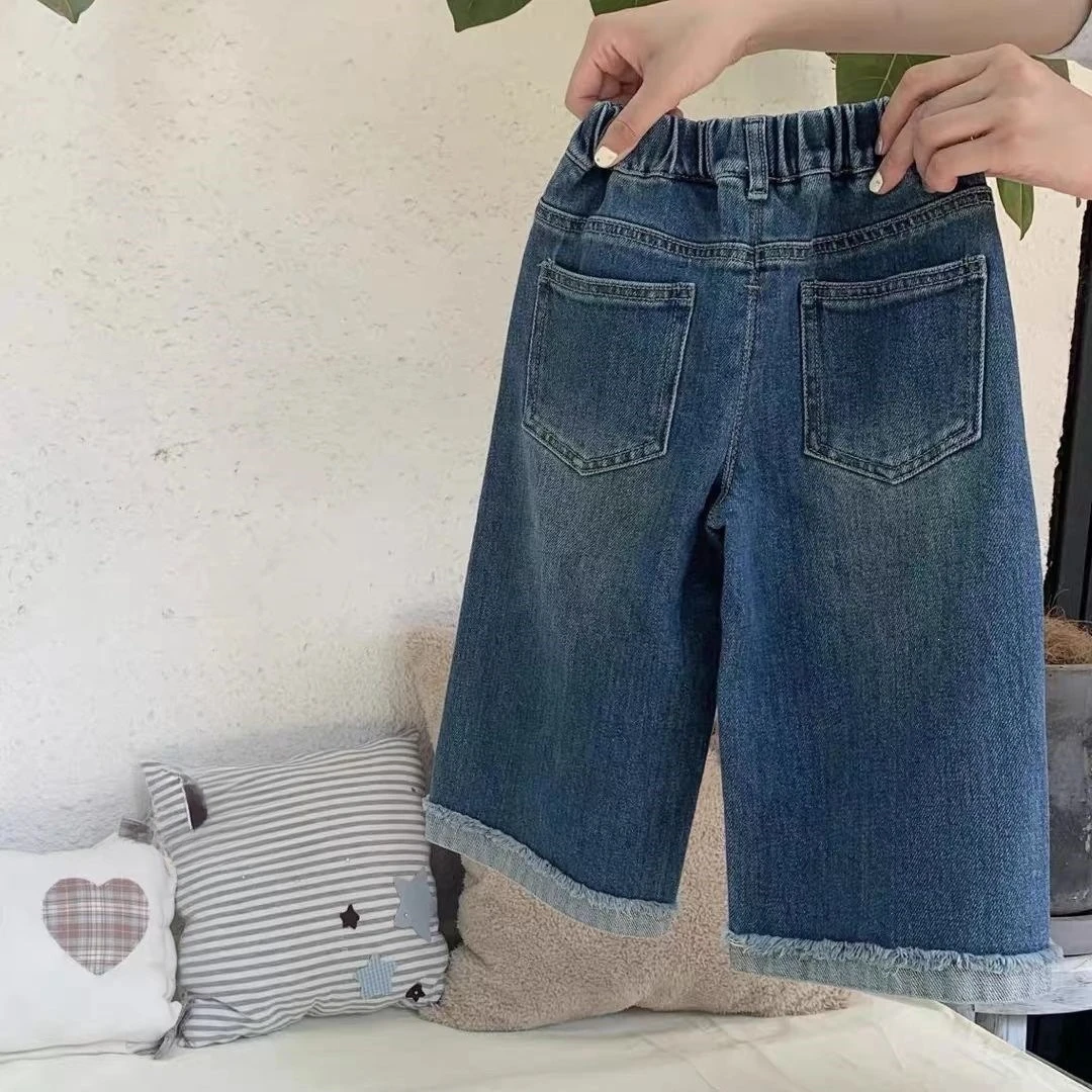 Pants Girls Jeans Autumn New Style Baby Girl Korean Style Rolled Edge Straight Leg Casual Fringed Jeans Fashion and Versatile
