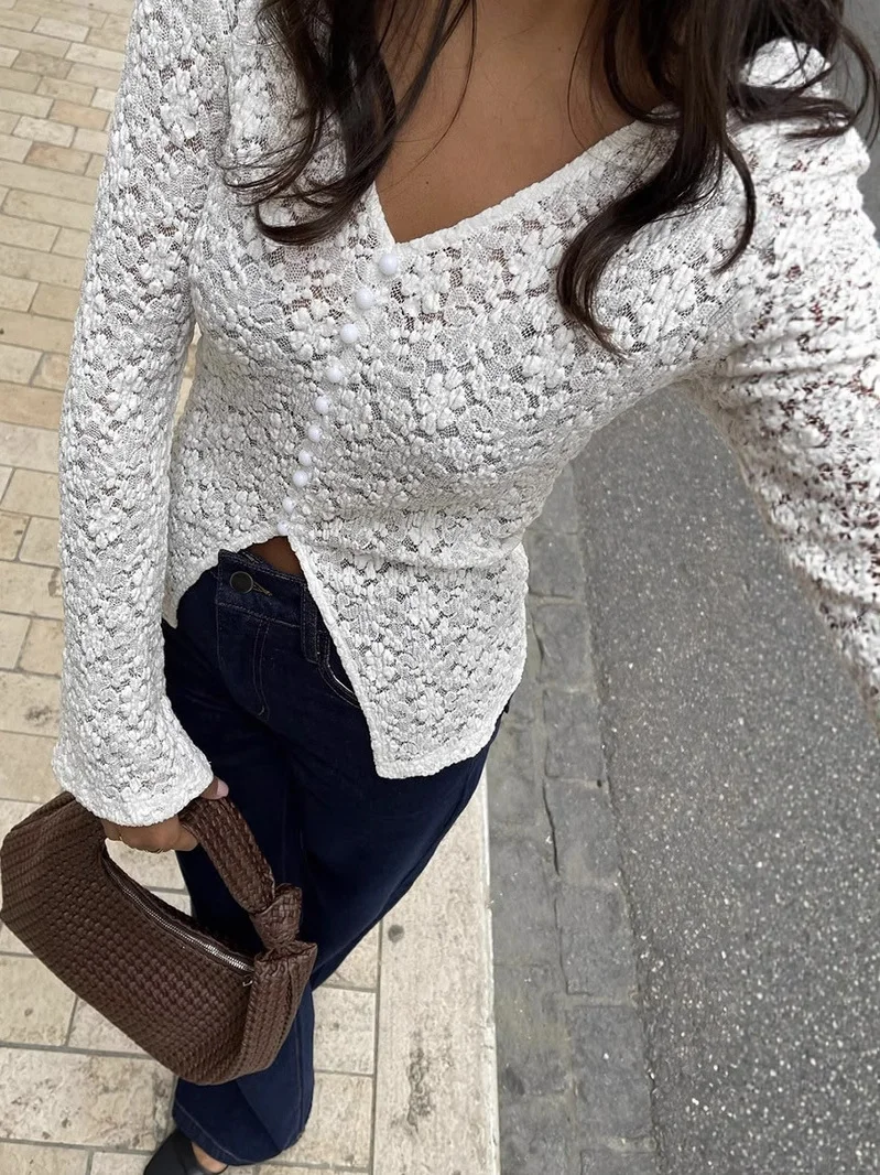 

Новинка 202, женский кружевной ажурный базовый слой, топ с жемчужными пуговицами, длинный свек, облегающий бот-колокольчик irt, китайский Sle Faion