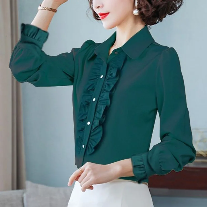 Elegant Lapel Button Spliced Solid Color Ruffles Shirt Women's Clothing 2023 Autumn New Casual Tops Loose Office Lady Blouse
