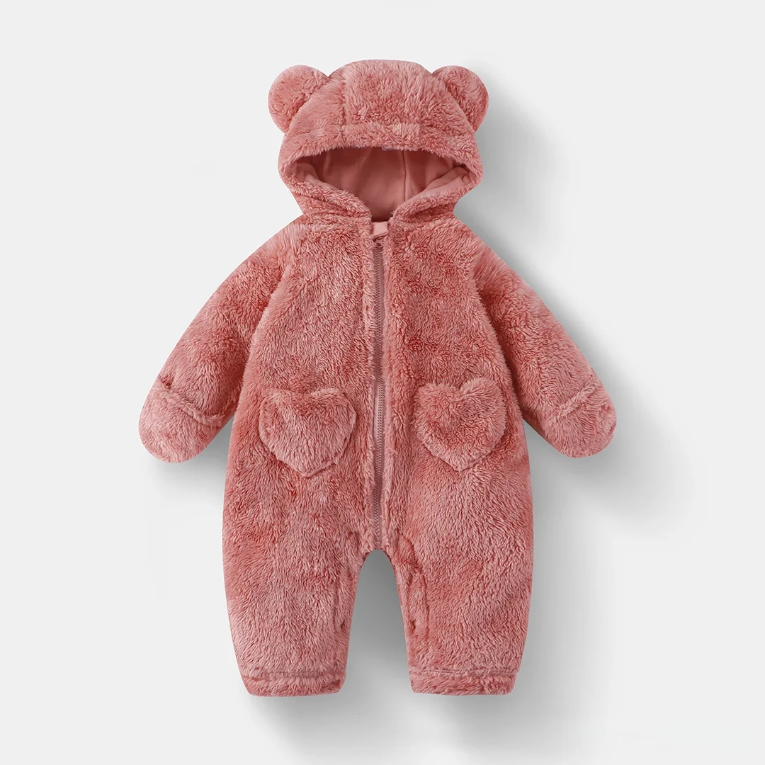2025 Baby Clothes 0-12M Baby Boys Girls Bear Ear Hooded Plush Romper Fleece Material Zipper Closure Winter Warm Casual Jumpsuit