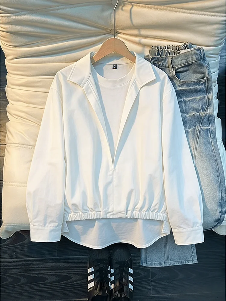 

Lazy Sle Long Sve irt Men's Spring Autumn Cleanfit Overhead Jaet Fake Two-Piece Loose Fit Cotton Non-Iron Treaent