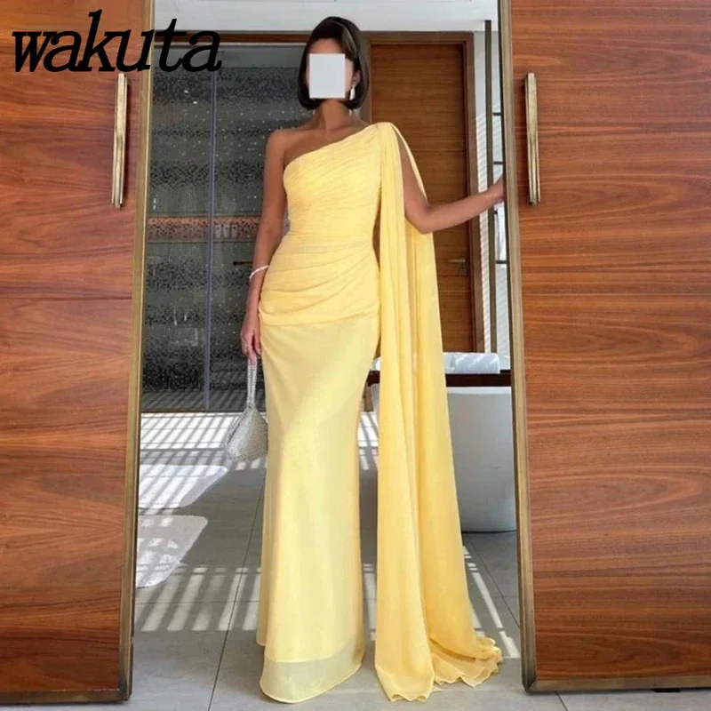 Wakuta Chic Sleeveless Slim Fitting Vestidos One Shoulder Shawl Specail Party Chiffon Prom Dress Formal Evening Vestidos De Gala