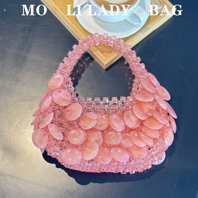 

Light Luxury Handbag For Women Vintage Handmade Pearl Beaded Bucket Bags Summer Casual Pink Dinner Party Evening Bag