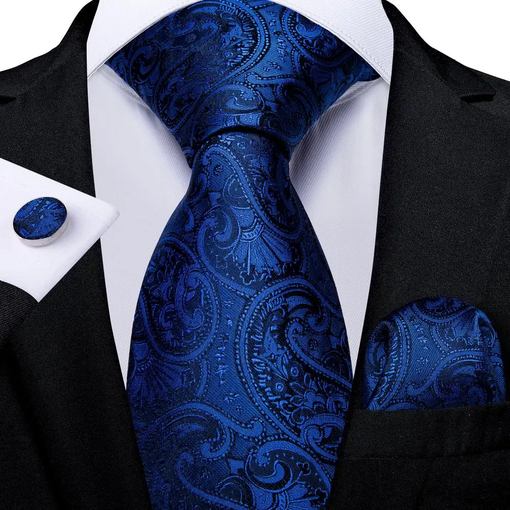 Hi-Tie – cravate de mariage en soie pour homme, bleu marine, solide, Paisley, boutons de manchette Hanky, ensemble de cravates pour homme, fête