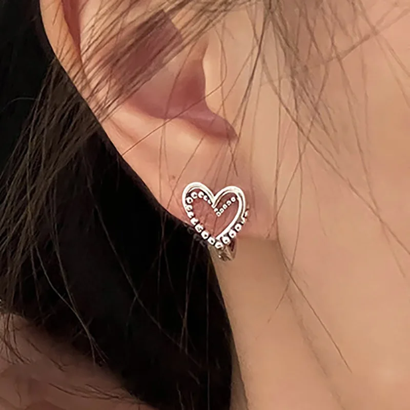 Foxanry Prevent Allergy Hollow LOVE Heart Earrings for Women Fashion Vintage Punk Double-layered Geometric Ear Party Jewelry image 5