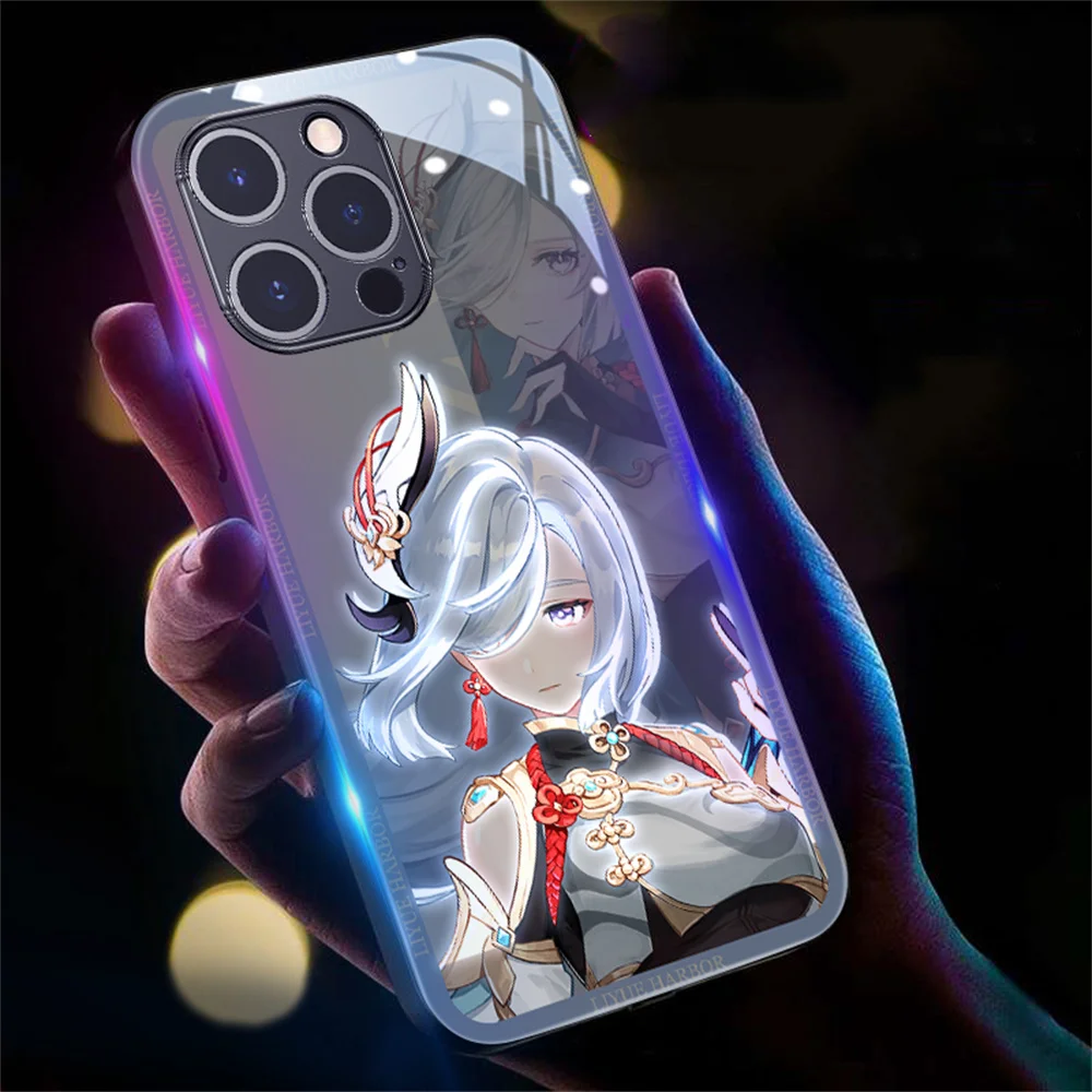 Luxury Genshin Role Pattern Sound Control LED Flash Cases Luminous Glass Cover For iPhone Air 17 16 15 14 13 12 11 Pro Max Plus