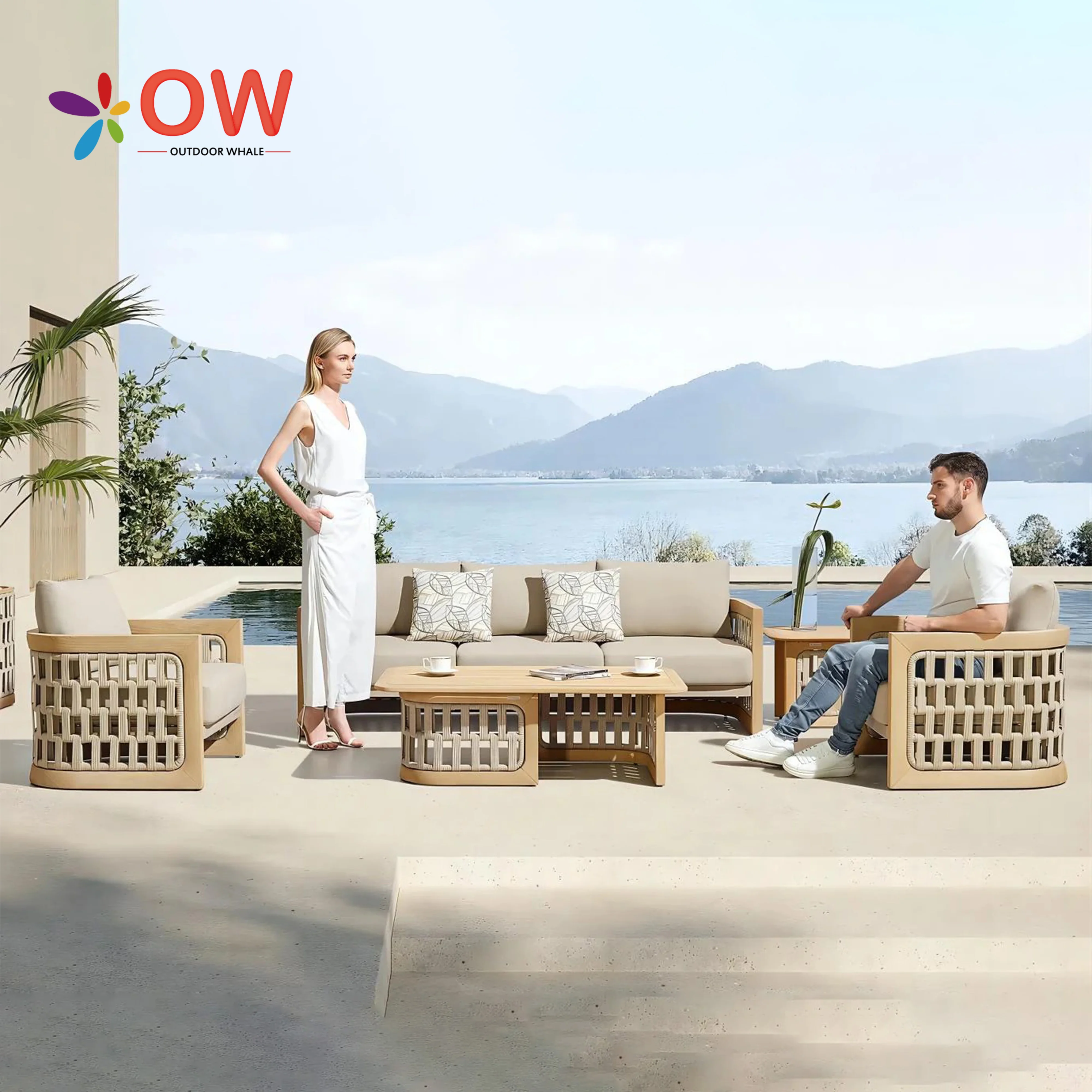

OutdoorWhale Teak Sofa Patio Set Leisure Villa Waterproof Furniture Outdoor Sofa Solid Wood Sofa Garden Set