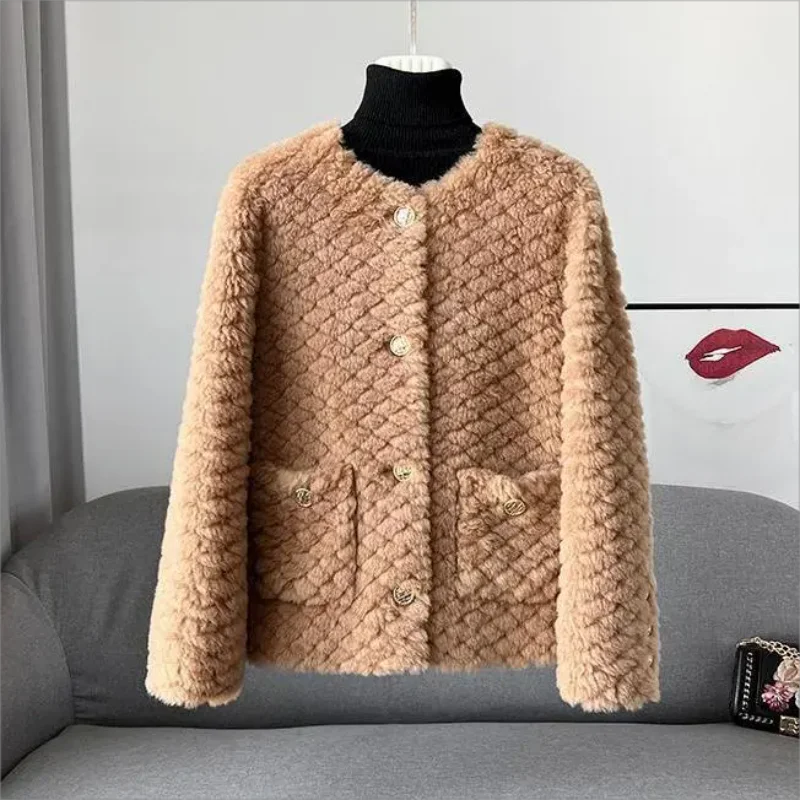 2024 Winter Women Fashion imitate Wool Coat O-Neck Single Breasted Casual Lamb Fleece Overcoat Fashion New Lady Jacket