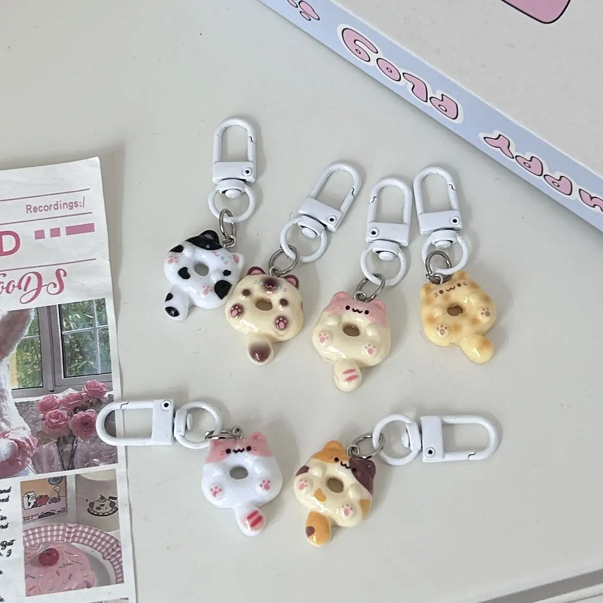 Cute Cat Donut Keychain Phone Strap Lanyard Cases For CCD Camera Airpods Schoolbag Ins Korea New Anime Kawaii Charms Pendant