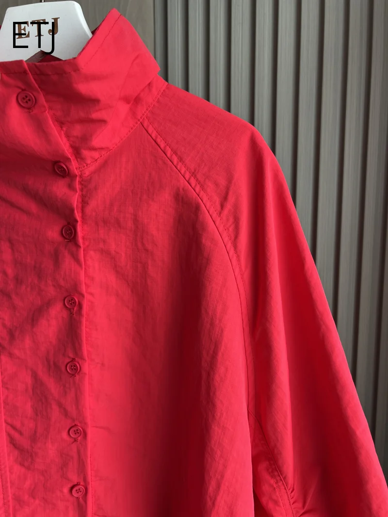 ETJ 2026 Damen Polyester Windbreaker mit Stehkragen, Knopfleiste, Leichtgewicht, Wasserabweisend, Puffärmel, Oversize-Jacke – Detail 16
