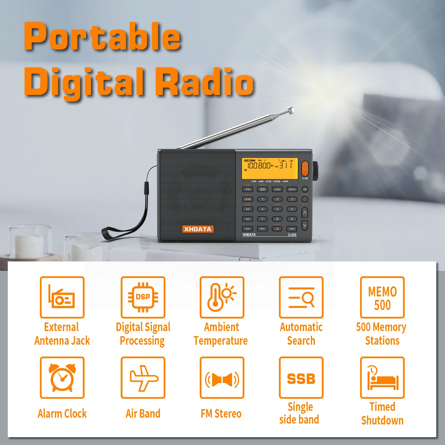 XHDATA D-808 AM/FM/SW/MW SSB AIR RDS Pełnopasmowe radio przenośne z wielofunkcyjnym odbiornikiem radiowym stereo z głębokim dźwiękiem