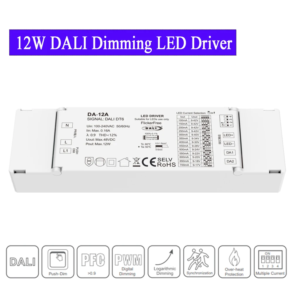 12W DALI Dimming LED Driver Dimmable Power Supply Adapter Support DALI-2 Push DIM Mode PWM Digital Dimming For Dim CCT LED Lamps