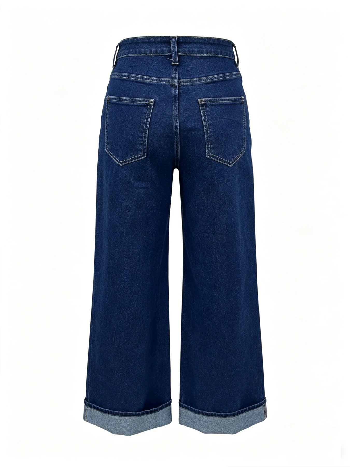 Women's High-Waist Dark Blue Wide-Leg Jeans, Rolled-Up Hem Design, Comfortable and Breathable Fabric, Drapes Well and Looks Slim