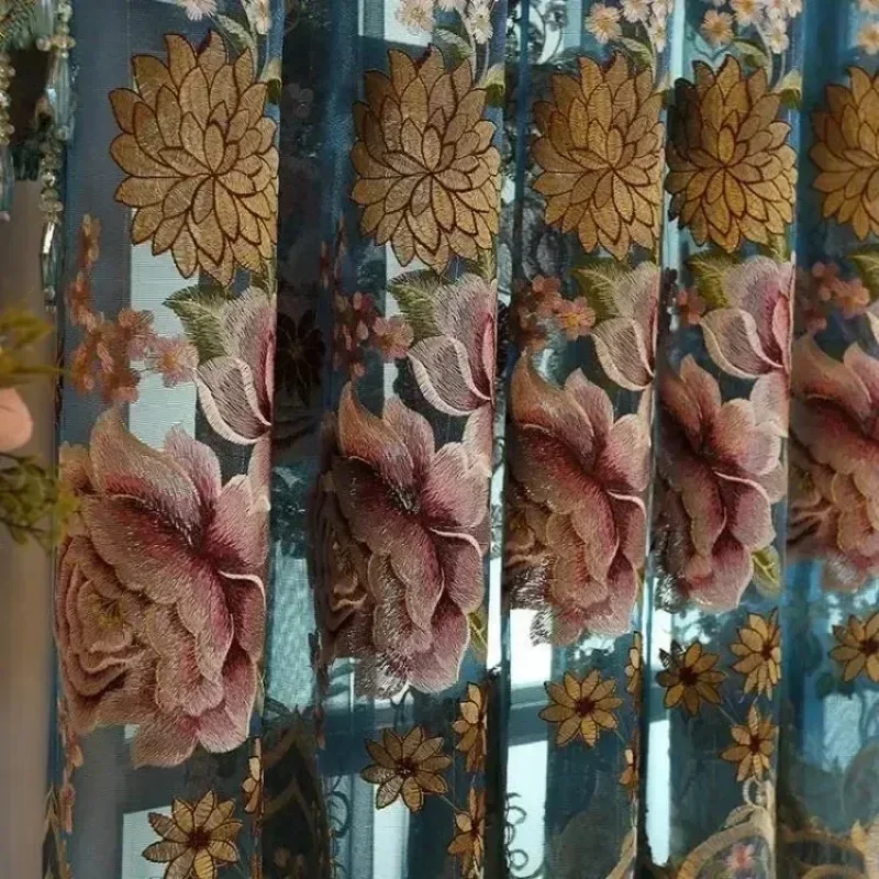European Style Embroidered Blue Tulle Window Curtains For Living Room Bedroom Dining Luxury Retro Partition Door Drapes Decor