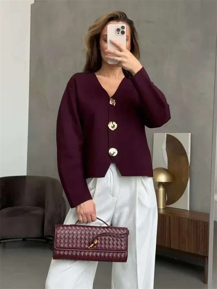 

Модный вязаный кардиган для женщин, металлический, свободного кроя, с V-образным вырезом, длинными рукавами, в стиле пэчворк, верхняя одежда, женский вязаный кардиган-пальто