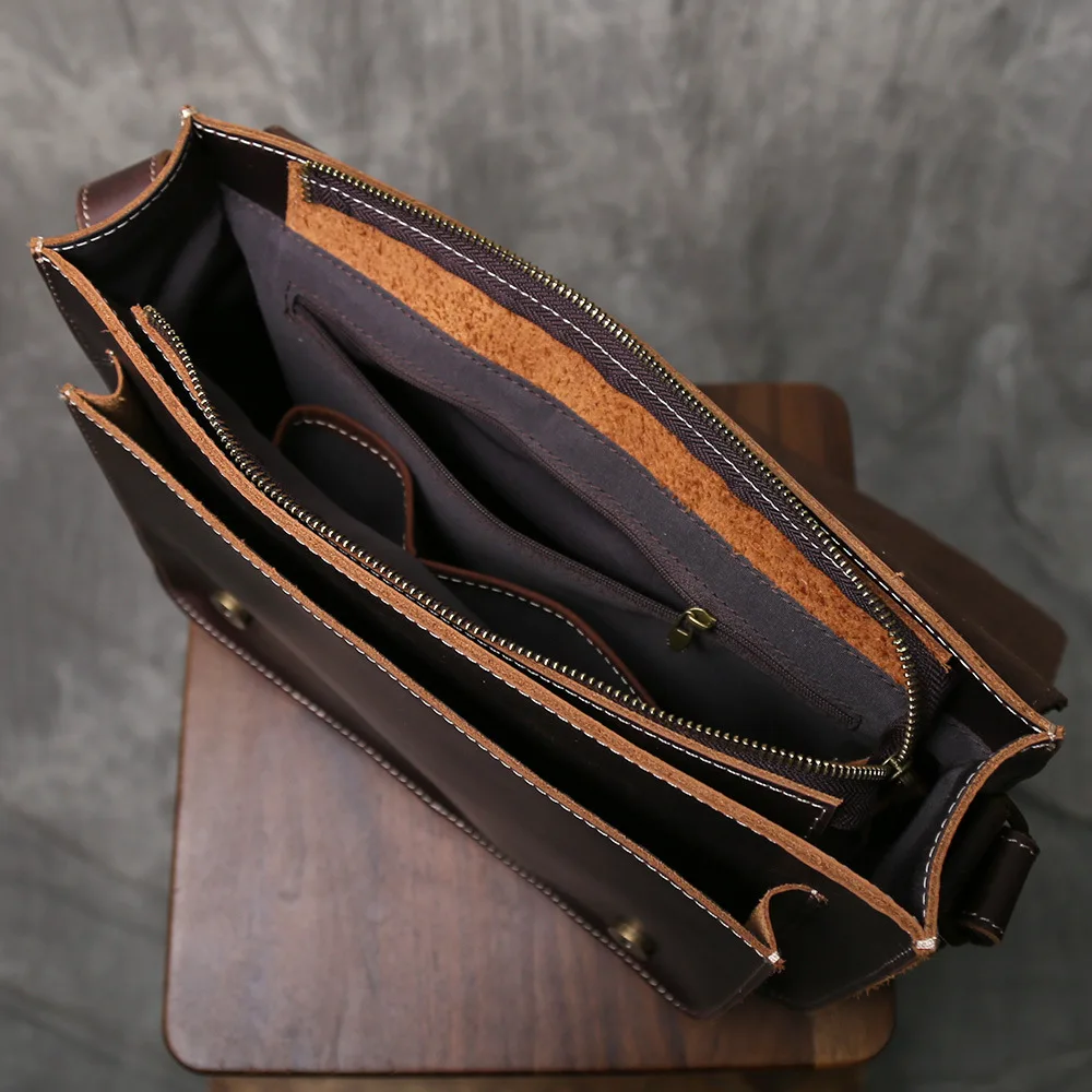 Retro Crazy Horse Leder Herren Schultertasche aus Vollnarbenleder Crossbody-Tasche Bestseller Horizontale Messenger-Tasche – Detail 12
