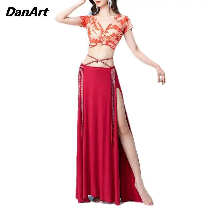 Ropa de danza del vientre para mujer, Top Sexy de 2 piezas, falda larga dividida elegante, ropa de diosa de entrenamiento de rendimiento de Baile Oriental