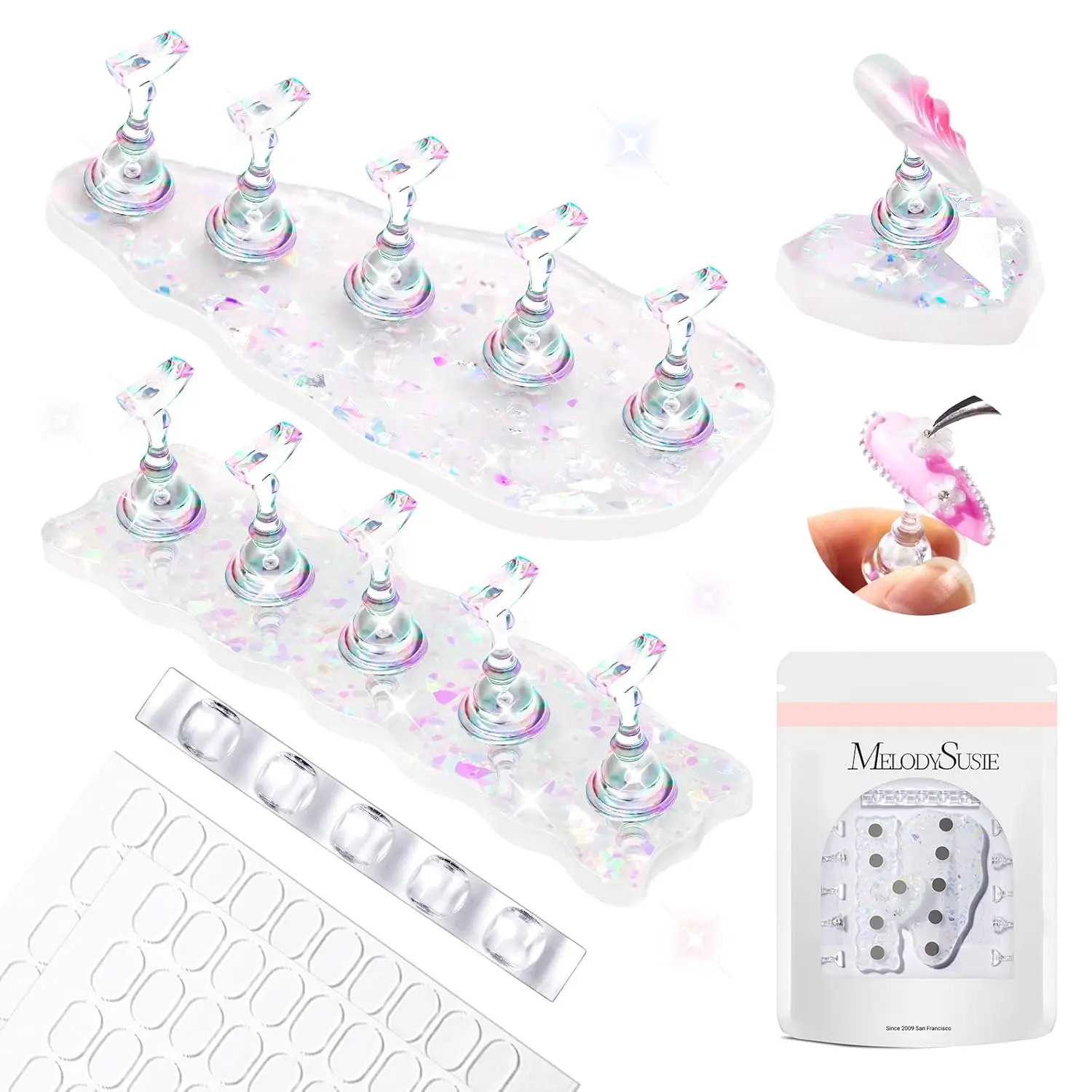 

3 Pcs Magnetic Nail Stand Set with Brush Holder & 100 Reusable Tapes for Press Ons Display