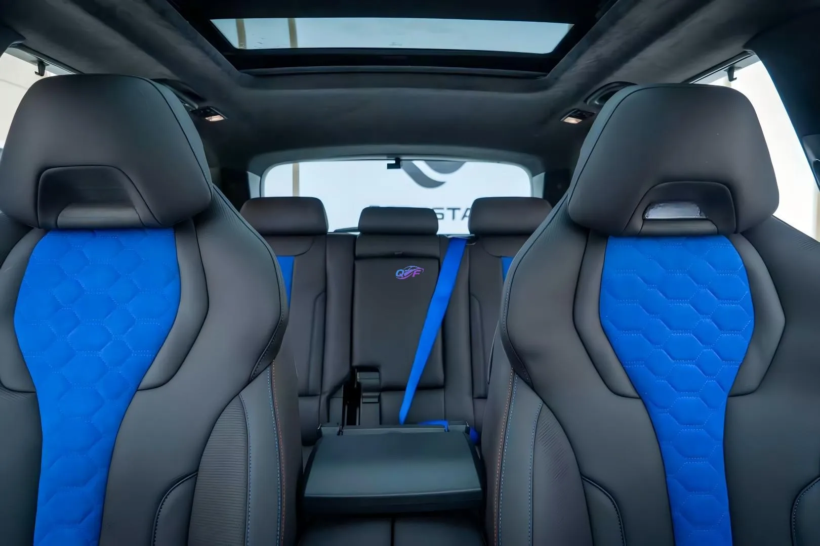 Black Sport Seat Covers Full Set with Blue Honeycomb Accent & , Custom Leather Seat Upholstery Kit for BMW Models