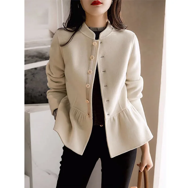 

High-End Women's Double-Faced Wool Camere ort Coat with Button And Lace Hem Korean Sle Loose Fit Long Sve round Ne