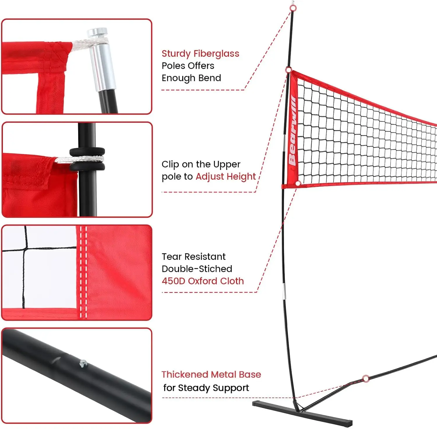 Rede de vôlei portátil de 12 pés, conjunto autônomo de altura ajustável com bolsa de transporte para prática interna e externa
