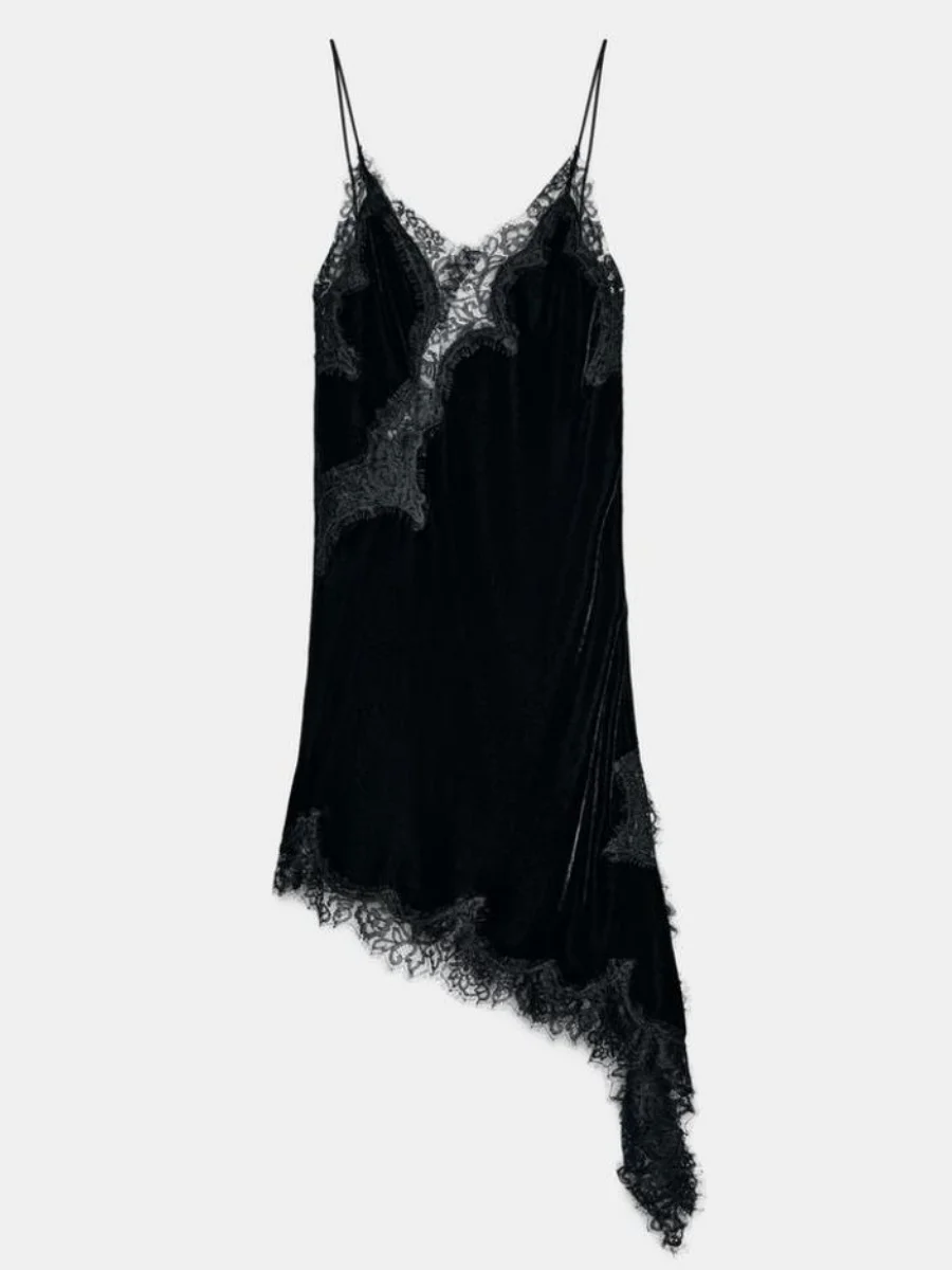 Women Chic Velvet Lace Camisole Sleeveless Backless Spaghetti Strap Lace Trim Tank Top Asymmetrical Flowy Cami Top Velour Dress