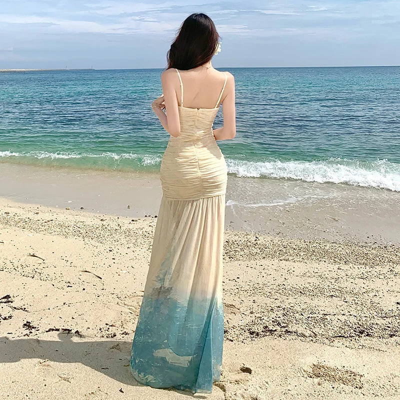 2026 Seaside Summer Hot Selling Vacation Style Gradually Changing Color Pleated Thin Shoulder Strap Waist Cinched Long Dress