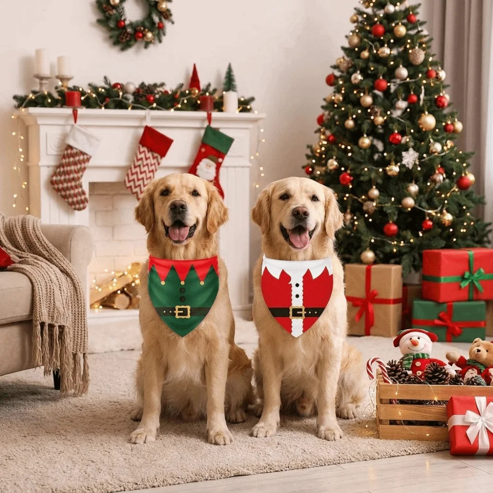 Adjustable Christmas Dog Bandanas Red Green Polyester Santa Elf Triangle Bib Scarf Kawaii Tie-on Pet Costume Accessories