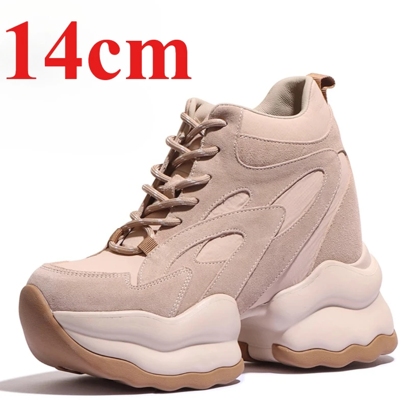 Genuine Leather Apricot Daddy Shoes Women's 14cm Thick Soled Height-increasing Shoes Chunky Sneakers Comfortable Platform Shoes