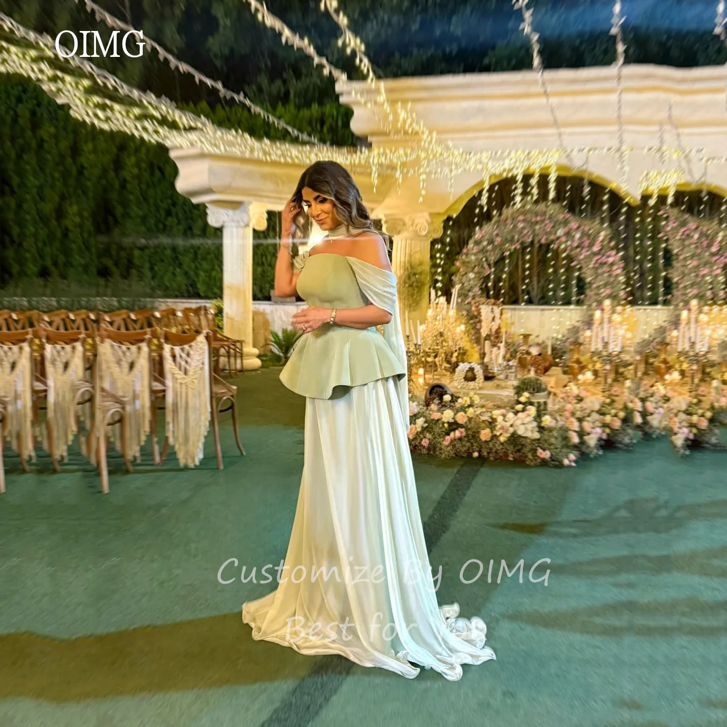 OIMG Verde Al Largo Della Spalla Una Linea di Abiti di Promenade Backless Increspato Abito Del Partito Abito Da Sera Lungo abiti da festa Personalizzato