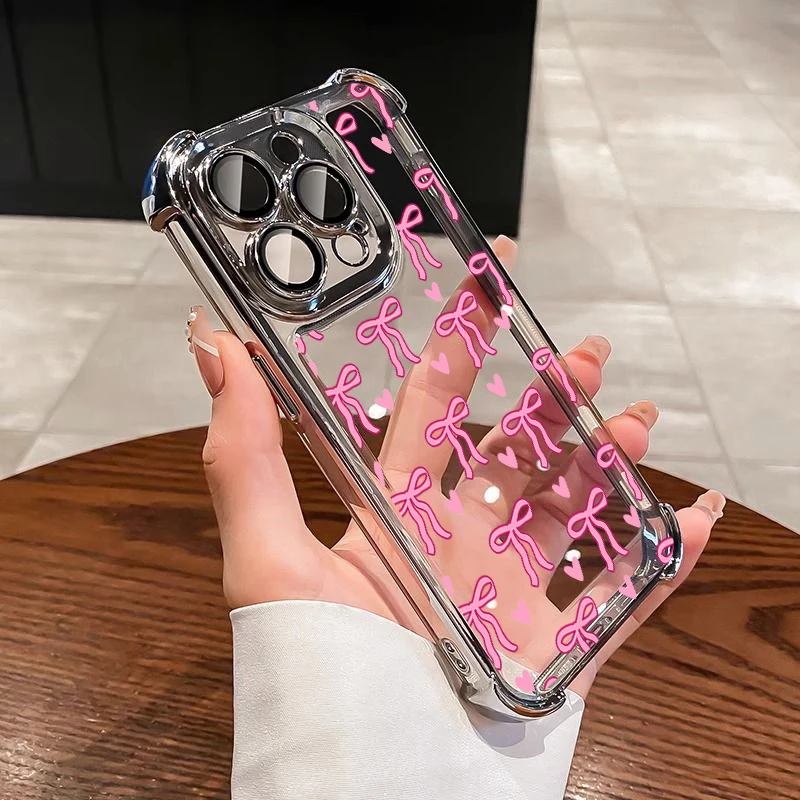 3D Pink Bow Plating Phone Case For Samsung Galaxy A57 A27 A37 A56 A16 A15 A07 A06 A55 A36 A26 A54 S25 Edge S26 Ultra S24 FE Plus