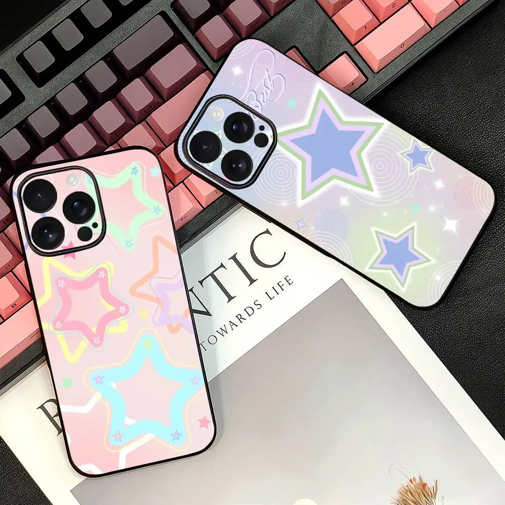 حافظة هاتف على شكل نجوم ملونة لهاتف آيفون 12 13 14 15 16 17Pro Max Plus غلاف ناعم أسود كلاسيكي