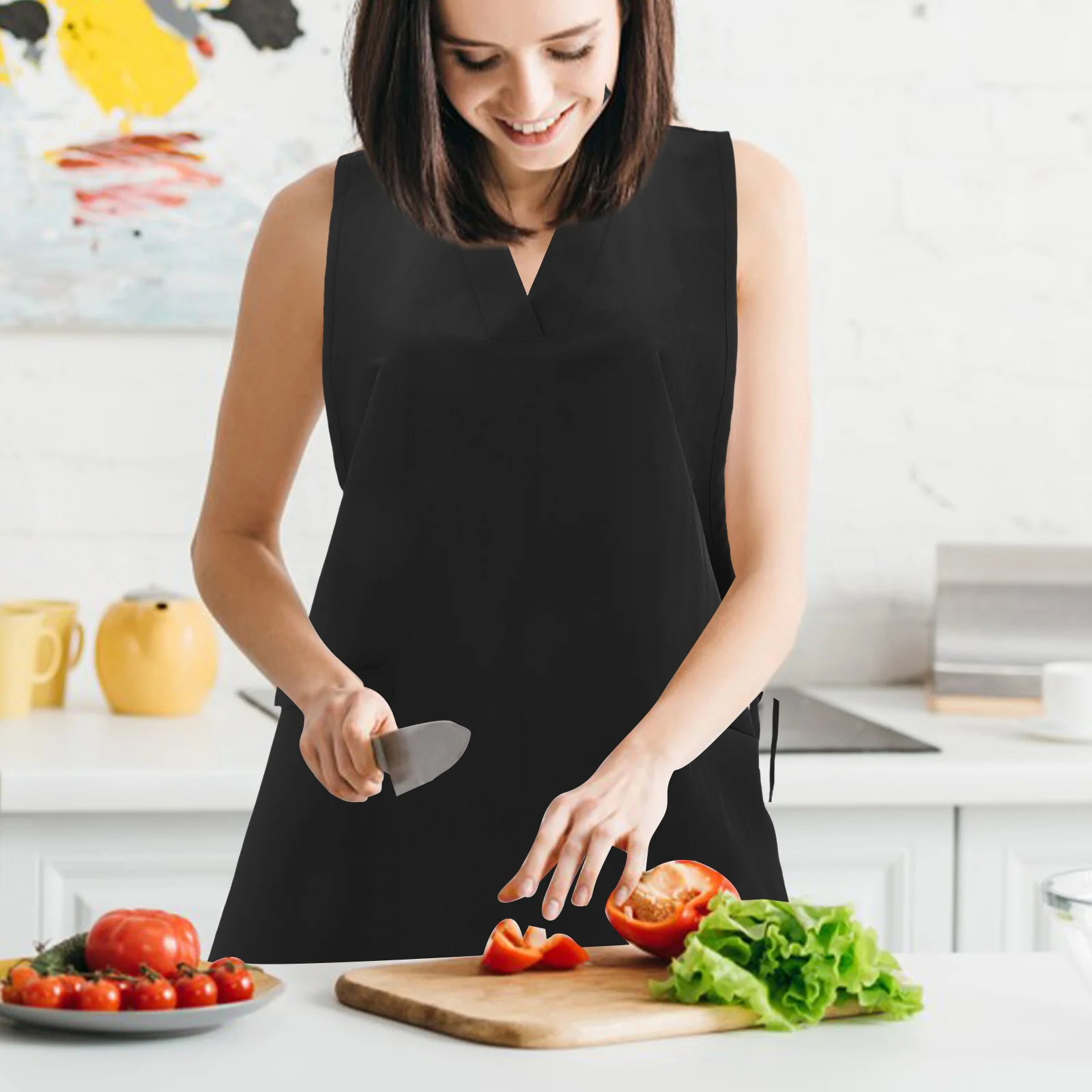 

V Neck Mesh Back Apron Sleeveless For Hairdresser Salon Smock Workwear With Pockets Tool Storage Kitchen Cooking